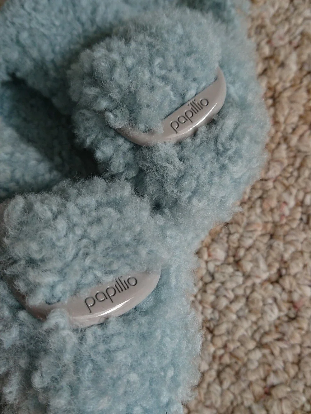 Birkenstock Papillio Buckle Shearling Platform Teddy Aqua blue Slide sz 8.5/250
